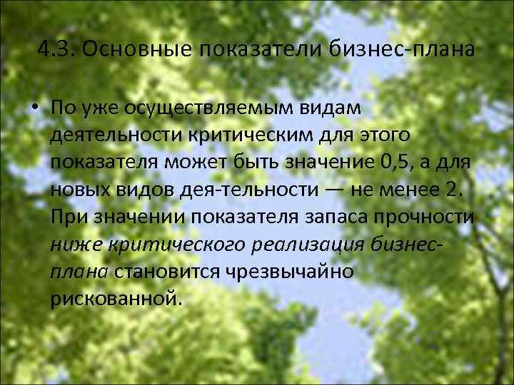 4. 3. Основные показатели бизнес плана • По уже осуществляемым видам деятельности критическим для