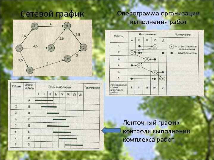 Сетевой график Оперограмма организации выполнения работ Ленточный график контроля выполнения комплекса работ 