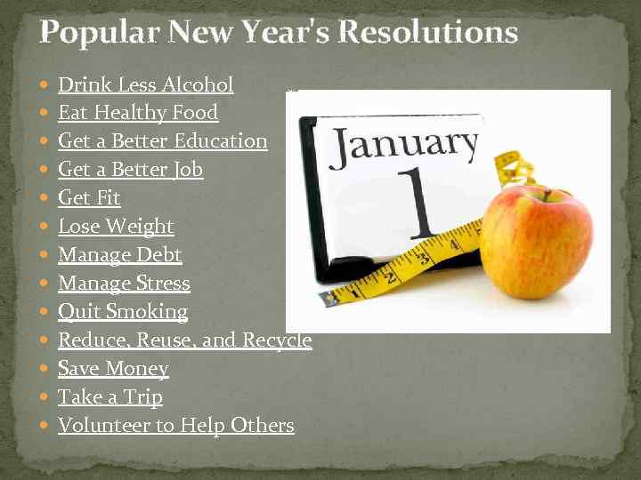 Popular New Year's Resolutions Drink Less Alcohol Eat Healthy Food Get a Better Education