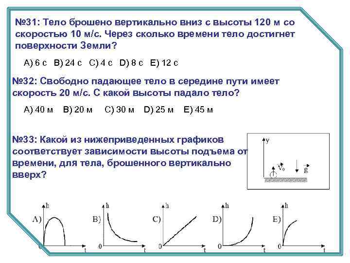 № 31: Тело брошено вертикально вниз с высоты 120 м со скоростью 10 м/с.