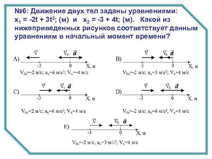 № 6: Движение двух тел заданы уравнениями: х1 = -2 t + 3 t