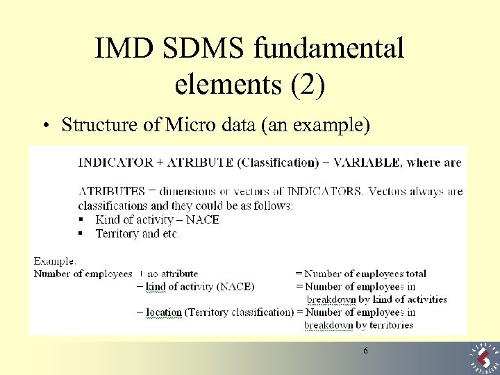 IMD SDMS fundamental elements (2) • Structure of Micro data (an example) 6 
