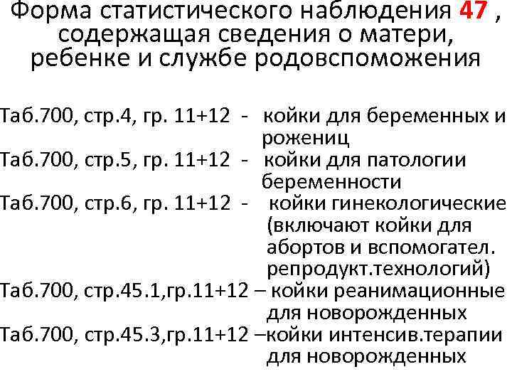 Форма статистического наблюдения 47 , содержащая сведения о матери, ребенке и службе родовспоможения Таб.