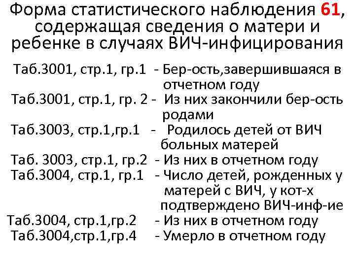 Форма статистического наблюдения 61, содержащая сведения о матери и ребенке в случаях ВИЧ-инфицирования Таб.