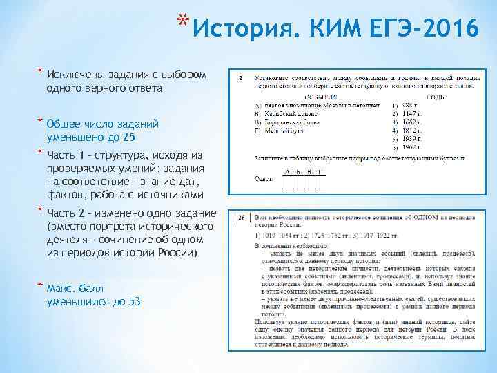 * История. КИМ ЕГЭ-2016 * Исключены задания с выбором одного верного ответа * Общее