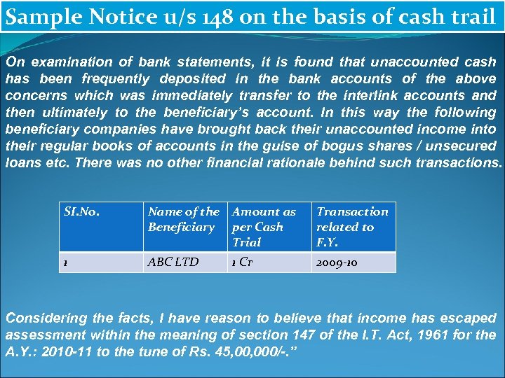 Sample Notice u/s 148 on the basis of cash trail On examination of bank