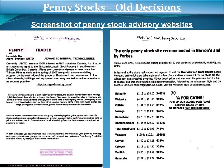 Penny Stocks – Old Decisions Screenshot of penny stock advisory websites 