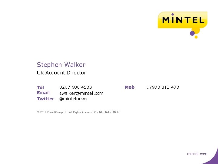 Stephen Walker UK Account Director Tel Email Twitter 0207 606 4533 swalker@mintel. com @mintelnews