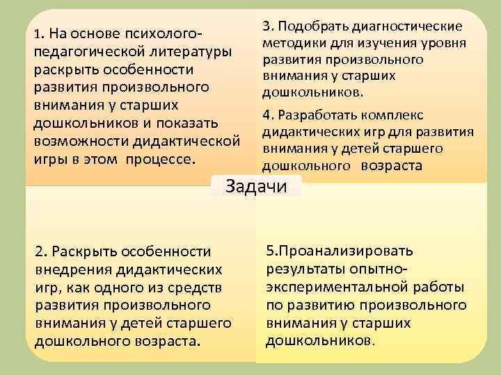 1. На основе психолого- педагогической литературы раскрыть особенности развития произвольного внимания у старших дошкольников