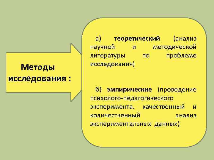 Методы исследования : а) теоретический (анализ научной и методической литературы по проблеме исследования) б)