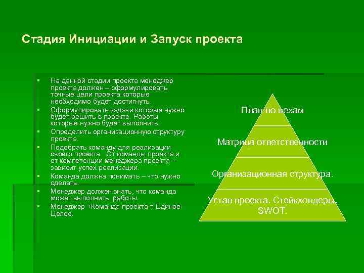 Стадия Инициации и Запуск проекта § § § § На данной стадии проекта менеджер