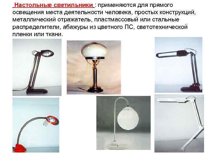  Настольные светильники : применяются для прямого освещения места деятельности человека, простых конструкций, металлический