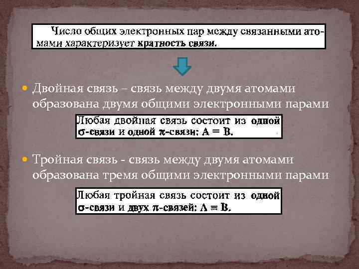  Двойная связь – связь между двумя атомами образована двумя общими электронными парами Тройная