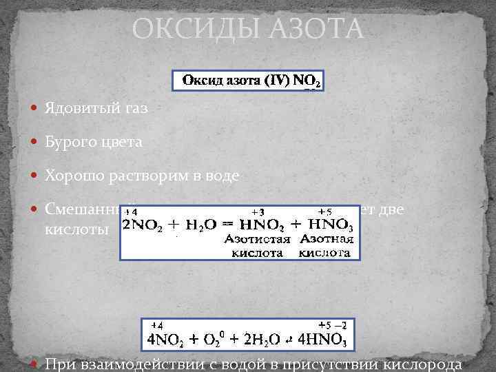 ОКСИДЫ АЗОТА Ядовитый газ Бурого цвета Хорошо растворим в воде Смешанный оксид, которому соответствует