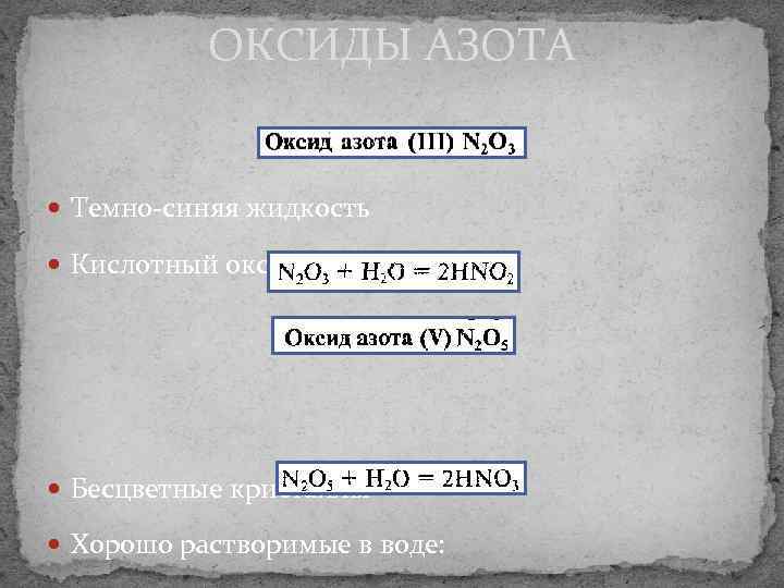 ОКСИДЫ АЗОТА Темно-синяя жидкость Кислотный оксид Бесцветные кристаллы Хорошо растворимые в воде: 