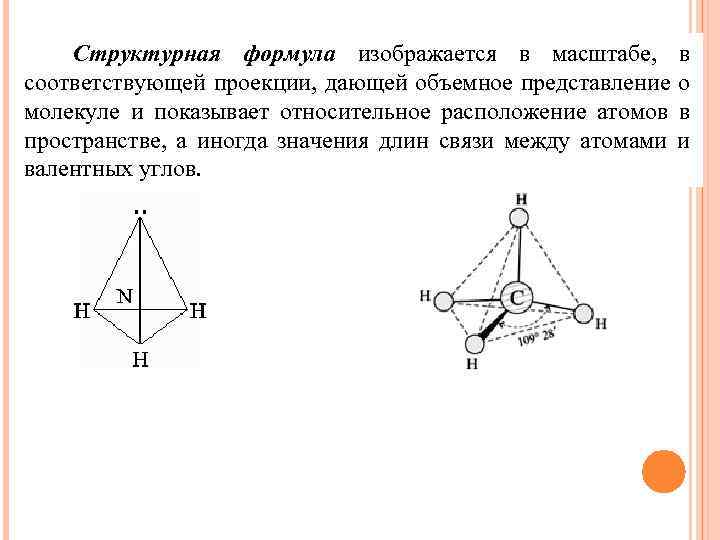 Структурная формула изображается в масштабе, в соответствующей проекции, дающей объемное представление о молекуле и