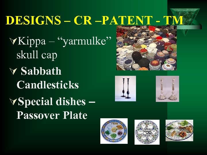 DESIGNS – CR –PATENT - TM ÚKippa – “yarmulke” skull cap Ú Sabbath Candlesticks