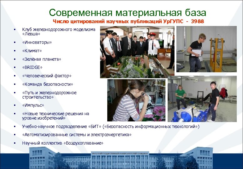  Современная материальная база Число цитирований научных публикаций Ур. ГУПС - 3988 § Клуб