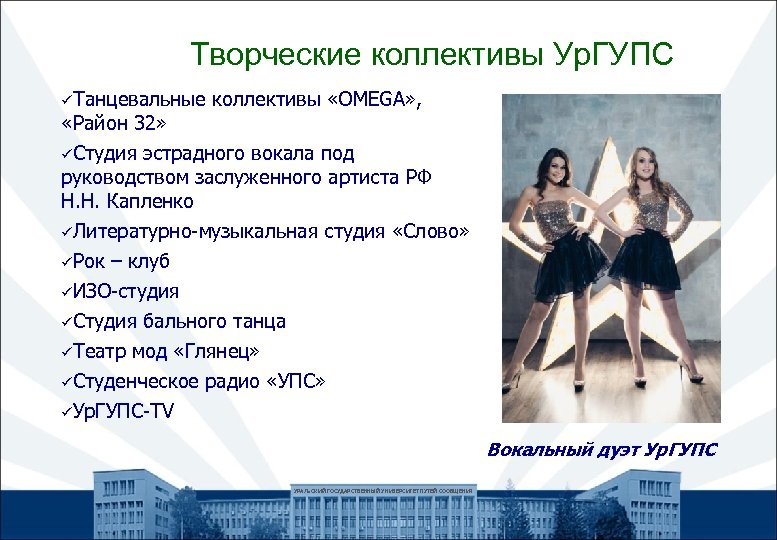 Творческие коллективы Ур. ГУПС üТанцевальные «Район 32» коллективы «OMEGA» , üСтудия эстрадного вокала под