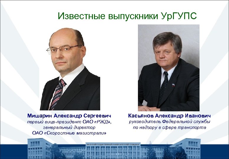 Известные выпускники Ур. ГУПС Мишарин Александр Сергеевич Касьянов Александр Иванович первый вице-президент ОАО «РЖД»