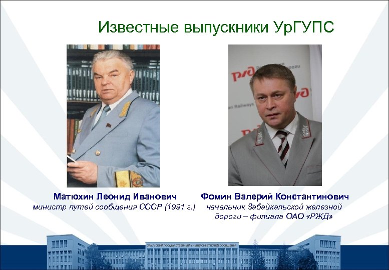 Известные выпускники Ур. ГУПС Матюхин Леонид Иванович Фомин Валерий Константинович министр путей сообщения СССР