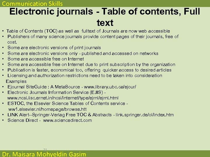 Communication Skills Electronic journals - Table of contents, Full text • Table of Contents