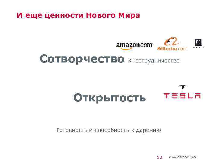 И еще ценности Нового Мира Сотворчество сотрудничество Открытость Готовность и способность к дарению 53