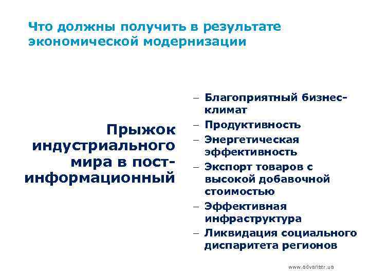 Что должны получить в результате экономической модернизации Прыжок индустриального мира в постинформационный – Благоприятный