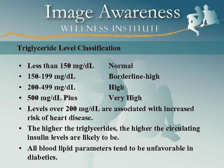 Triglyceride Level Classification • • • Less than 150 mg/d. L Normal 150 -199