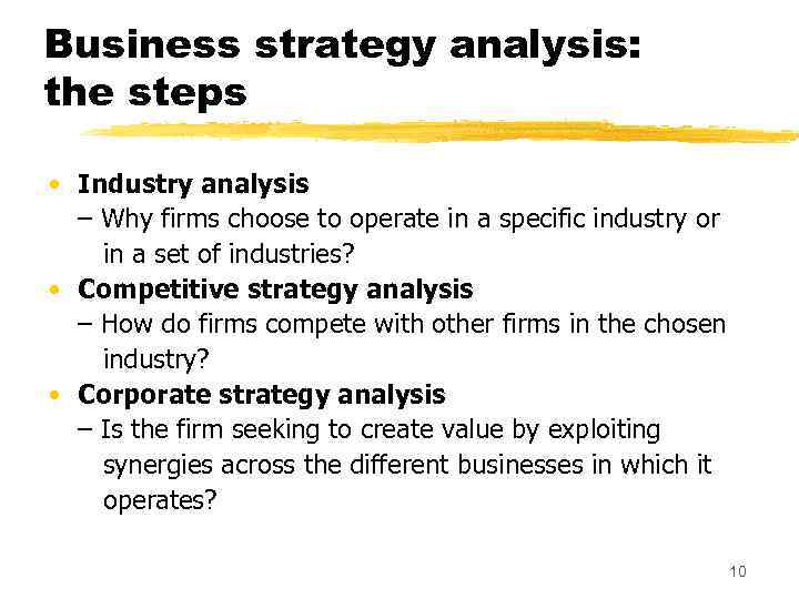 Business strategy analysis: the steps • Industry analysis – Why firms choose to operate