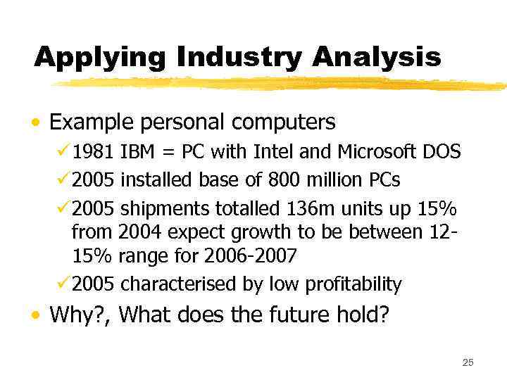 Applying Industry Analysis • Example personal computers ü 1981 IBM = PC with Intel