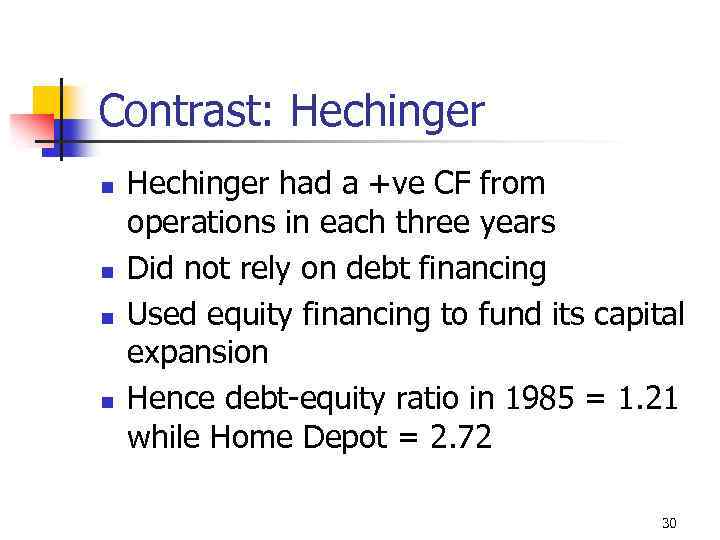Contrast: Hechinger n n Hechinger had a +ve CF from operations in each three