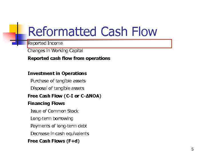 Reformatted Cash Flow Reported Income Changes in Working Capital Reported cash flow from operations