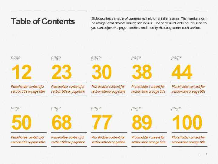 Table of Contents Slidedocs have a table of contents to help orient the readers.