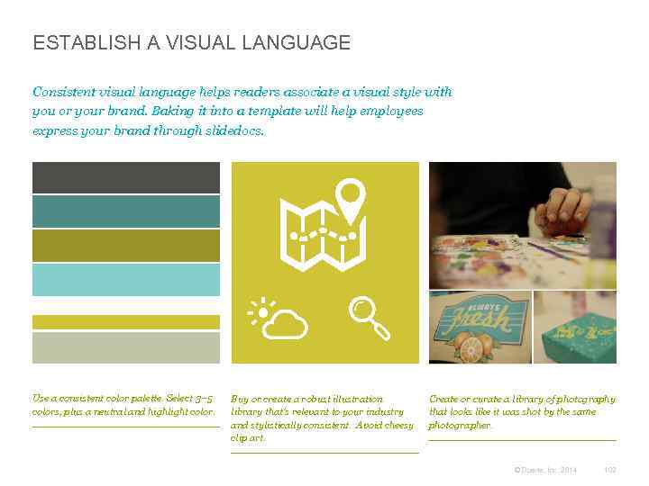 ESTABLISH A VISUAL LANGUAGE Consistent visual language helps readers associate a visual style with