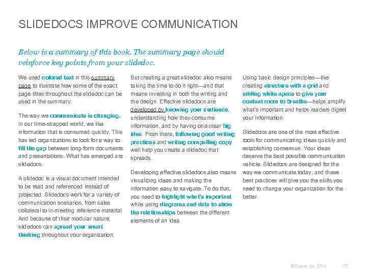 SLIDEDOCS IMPROVE COMMUNICATION Below is a summary of this book. The summary page should