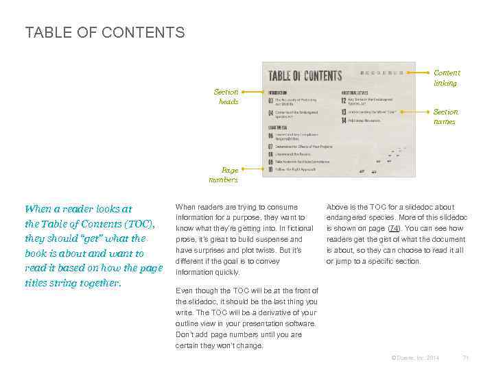 TABLE OF CONTENTS Content linking Section heads Section names Page numbers When a reader