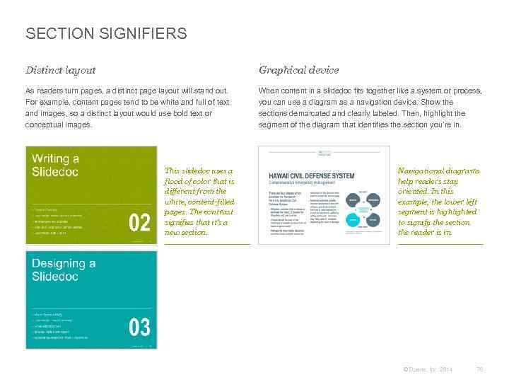 SECTION SIGNIFIERS Distinct layout Graphical device As readers turn pages, a distinct page layout