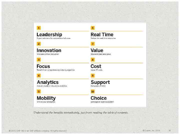 Understand the benefits immediately, just from reading the table of contents. © 2014. SAP