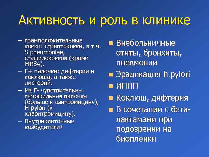 Активность и роль в клинике – грамположительные кокки: стрептококки, в т. ч. S. pneumoniae,