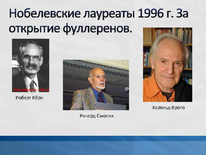 Нобелевские лауреаты 1996 г. За открытие фуллеренов. Роберт Кёрл Харольд Крото Ричард Смолли 