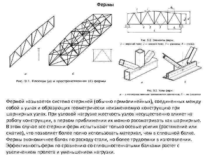 Фермы Фермой называется система стержней (обычно прямолинейных), соединенных между собой в узлах и образующих