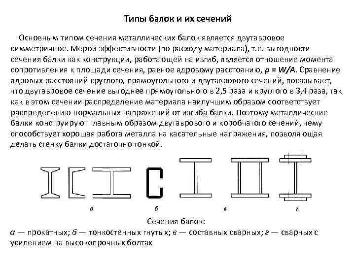 Типы балок и их сечений Основным типом сечения металлических балок является двутавровое симметричное. Мерой