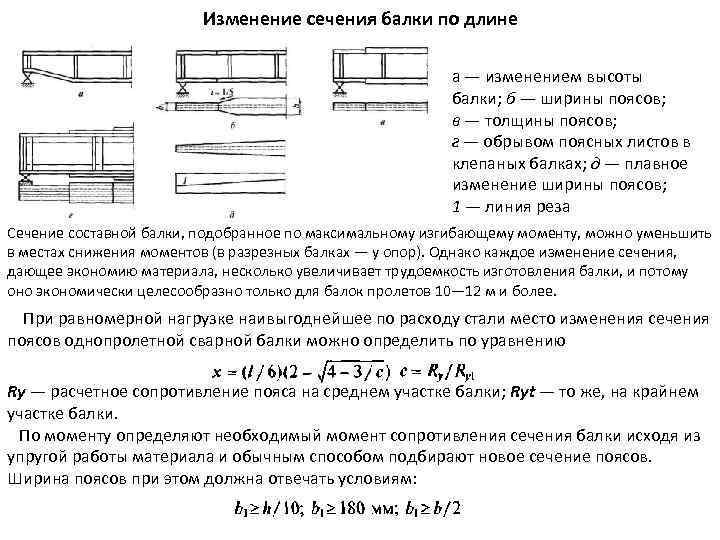 Изменение сечения балки по длине а — изменением высоты балки; б — ширины поясов;