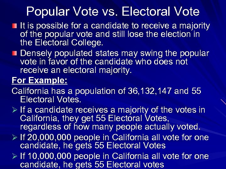 Popular Vote vs. Electoral Vote It is possible for a candidate to receive a