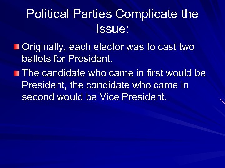 Political Parties Complicate the Issue: Originally, each elector was to cast two ballots for
