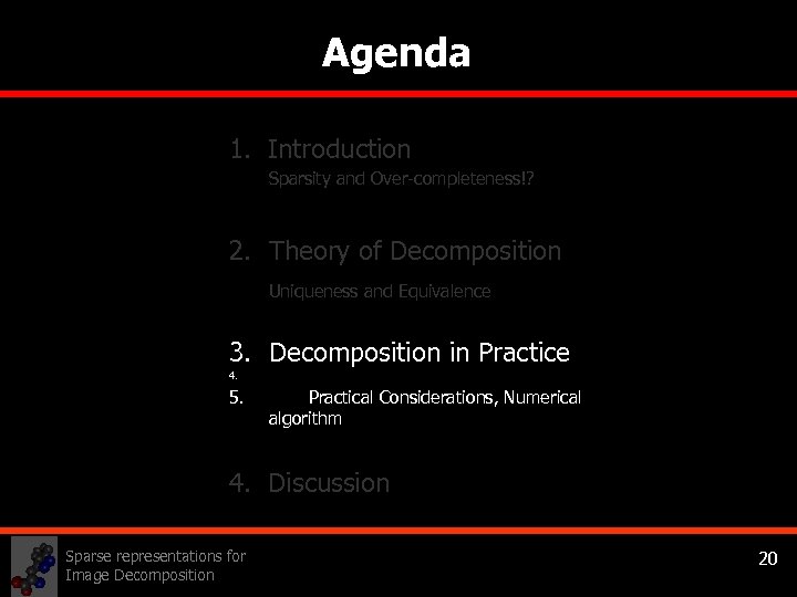 Agenda 1. Introduction Sparsity and Over-completeness!? 2. Theory of Decomposition Uniqueness and Equivalence 3.