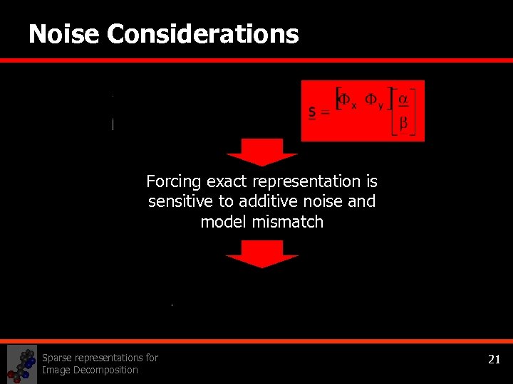 Noise Considerations Forcing exact representation is sensitive to additive noise and model mismatch Sparse