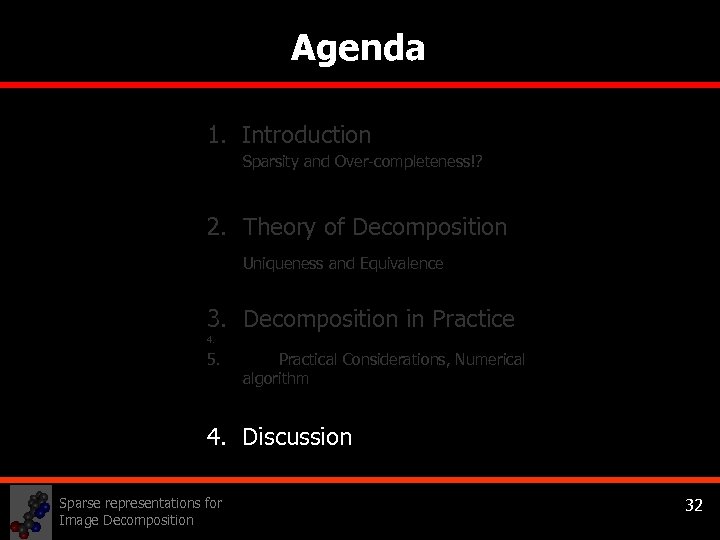 Agenda 1. Introduction Sparsity and Over-completeness!? 2. Theory of Decomposition Uniqueness and Equivalence 3.