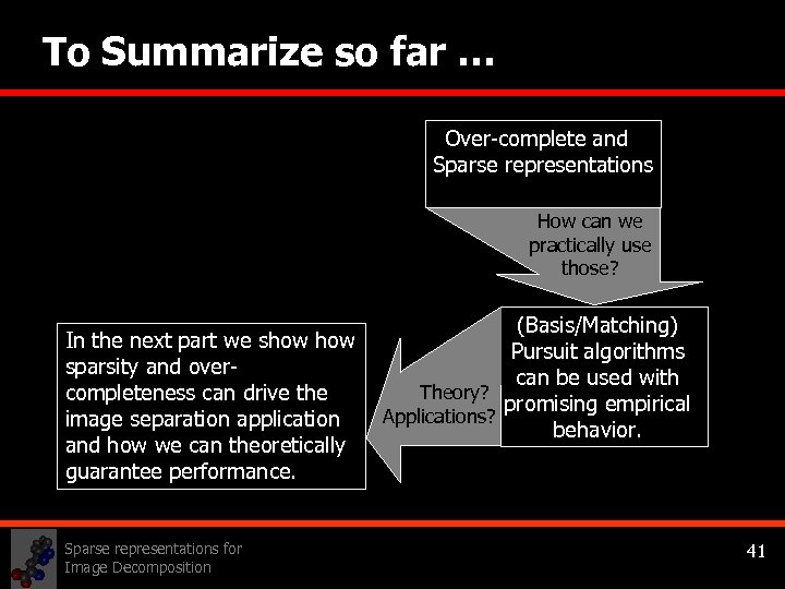 To Summarize so far … Over-complete and Sparse representations How can we practically use